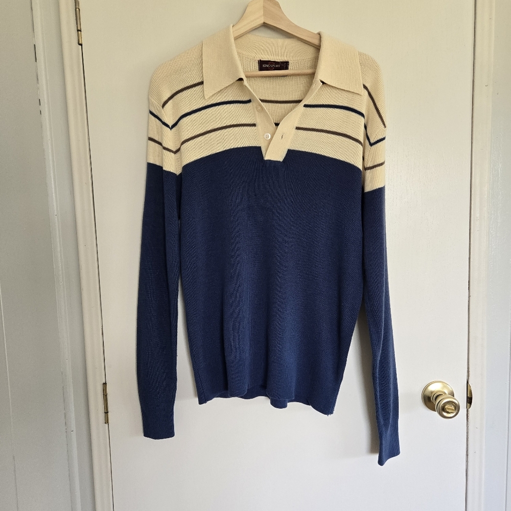 Vintage Men's Blue and Cream Striped Collared Sweater XL Kingsport